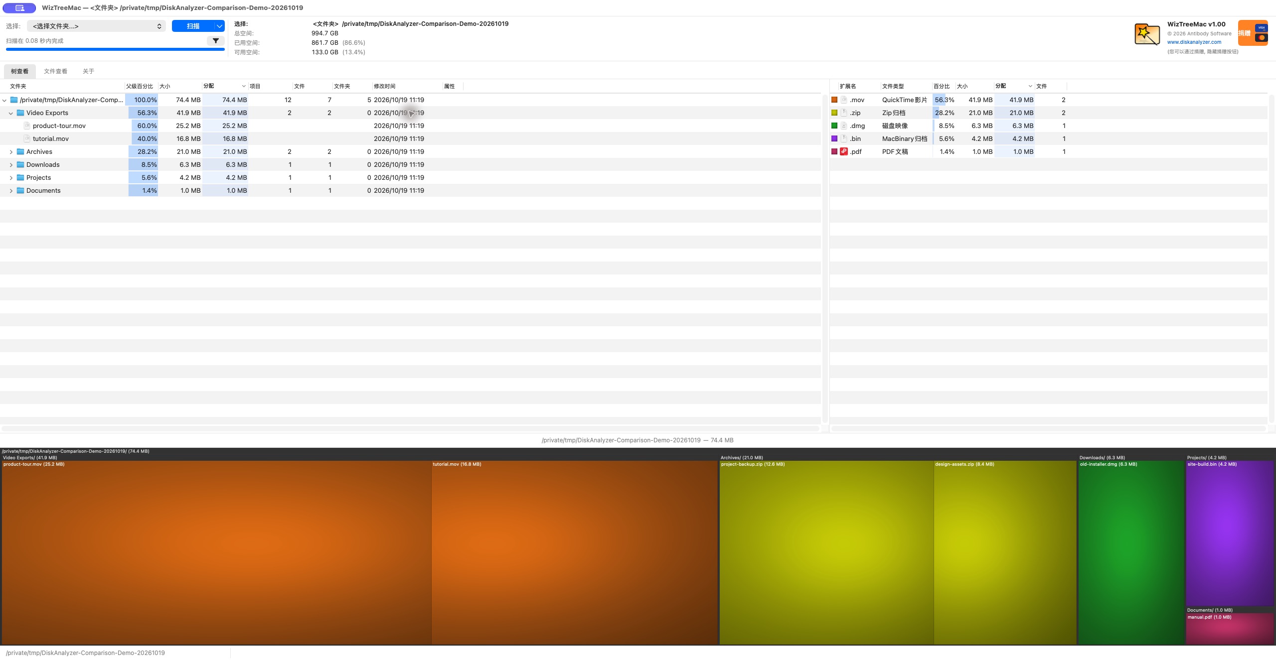 WizTreeMac 1.00 展开 Video Exports,同时显示扩展名统计和矩形图